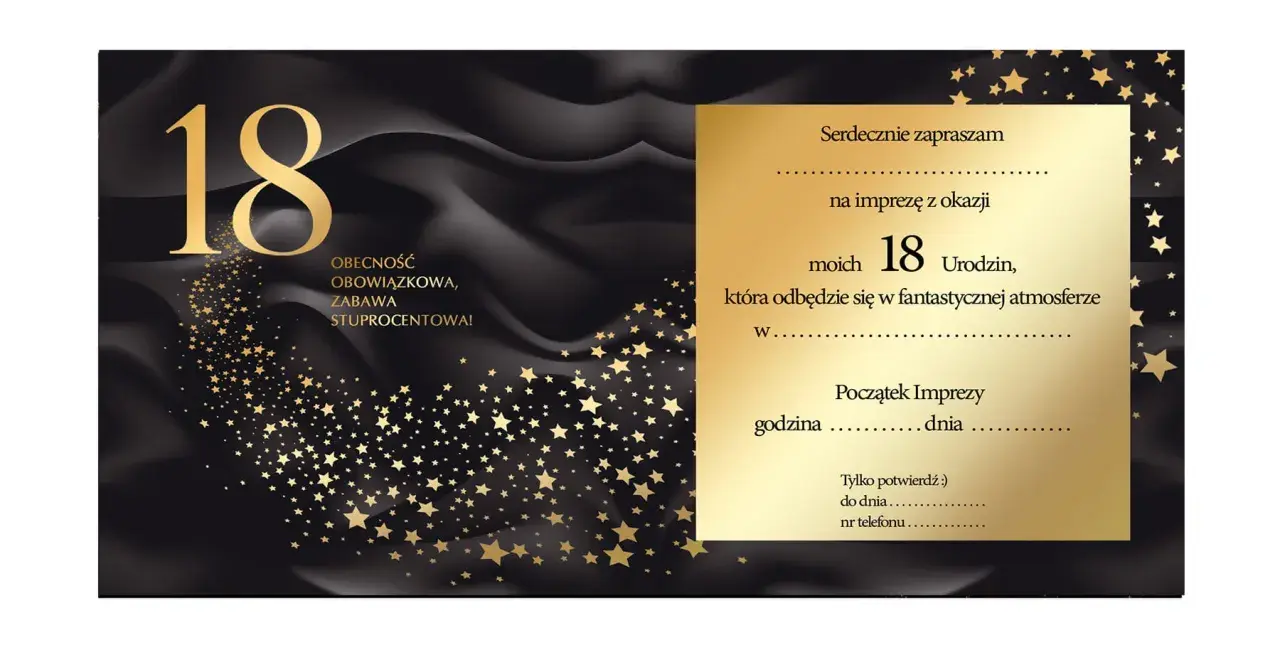 Eleganckie zaproszenie na 18 urodziny z motywem złotych gwiazd. Dowiedz się, jak napisać zaproszenie na 18 urodziny, by było wyjątkowe!