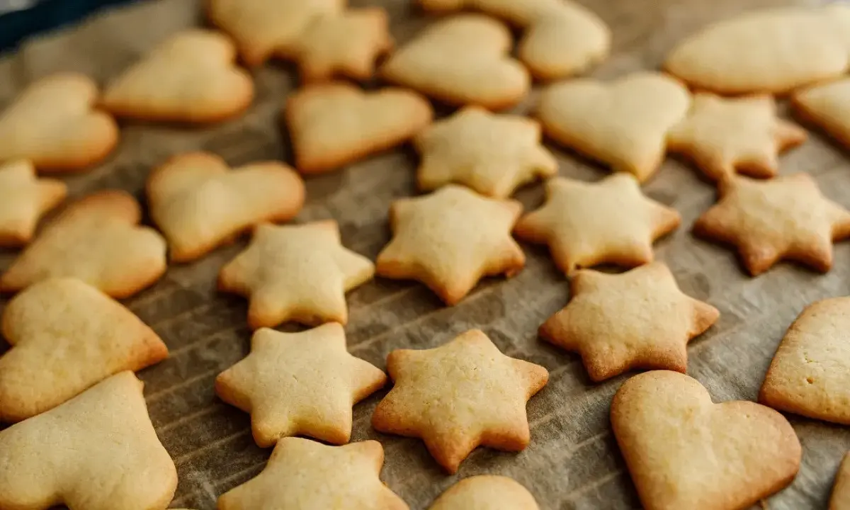 Upieczone ciasteczka z foremek w kształcie gwiazdek i serduszek leżą na papierze do pieczenia.