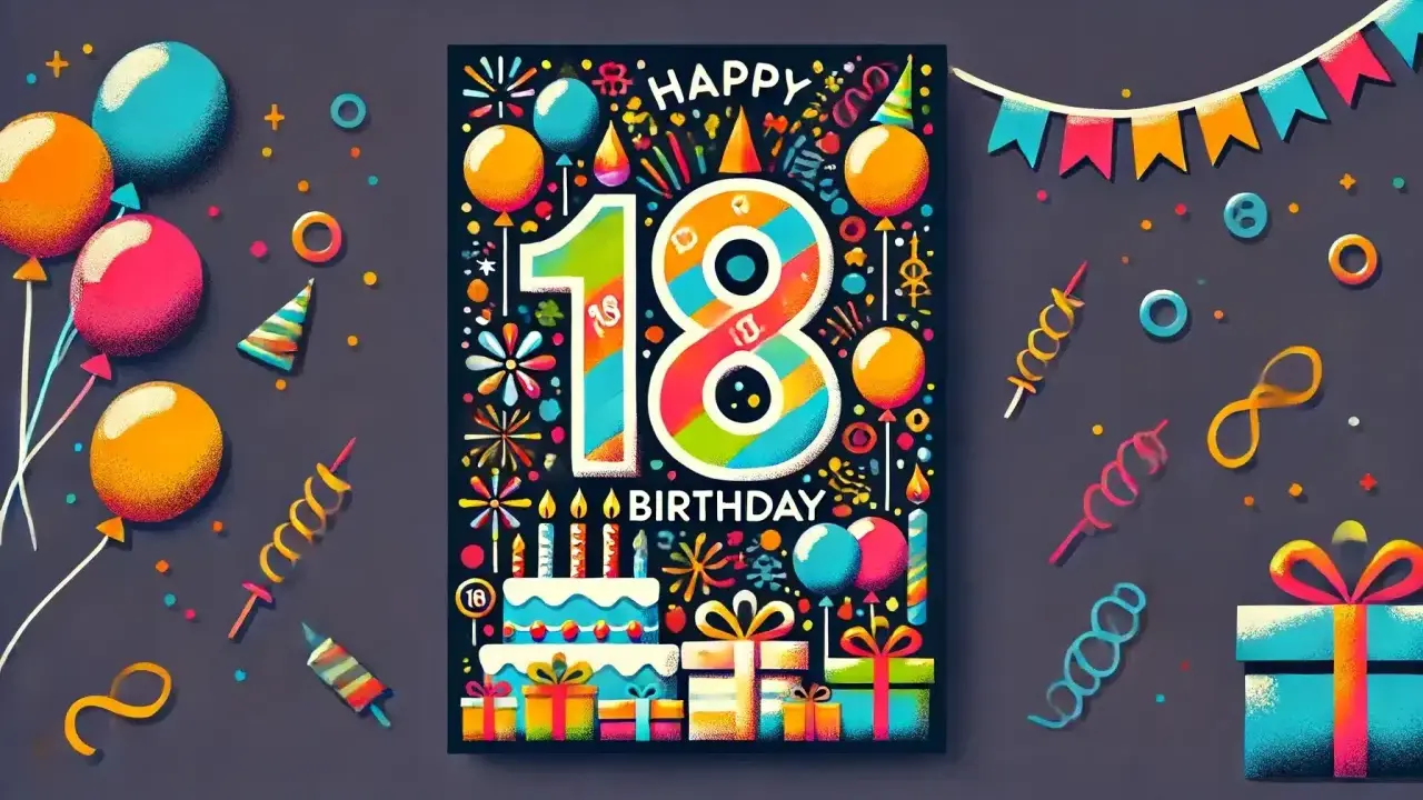 Kolorowa grafika z cyfrą 18 i napisem "Happy Birthday", otoczona balonami, prezentami i konfetti. To piękne życzenia na 18 urodziny od dziadków.