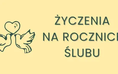 Dwa gołąbki z sercem nad głową symbolizują miłość. Tekst "Życzenia na rocznicę ślubu" zaprasza do składania krótkich życzeń.