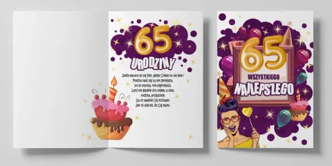 Mądre życzenia na 65 urodziny. Kolorowe kartki z tortem, balonami i życzeniami "Wszystkiego Najlepszego".
