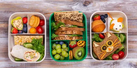 Kolorowe przekąski na piknik dla dzieci: kanapki w kształcie zwierzątek, owoce, ciasteczka i wrap.