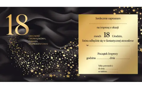 Eleganckie zaproszenie na 18 urodziny z motywem złotych gwiazd. Dowiedz się, jak napisać zaproszenie na 18 urodziny, by było wyjątkowe!