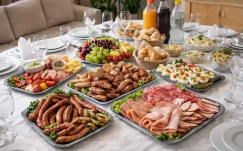 Pięknie udekorowany talerz z wędlinami, serami, owocami i innymi przekąskami to idealny pomysł na przyjęcie.