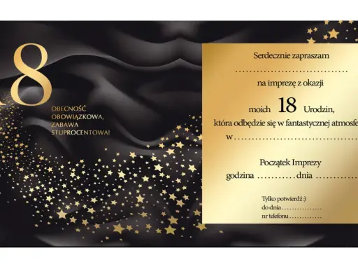 Eleganckie zaproszenie na 18 urodziny z motywem złotych gwiazd. Dowiedz się, jak napisać zaproszenie na 18 urodziny, by było wyjątkowe!