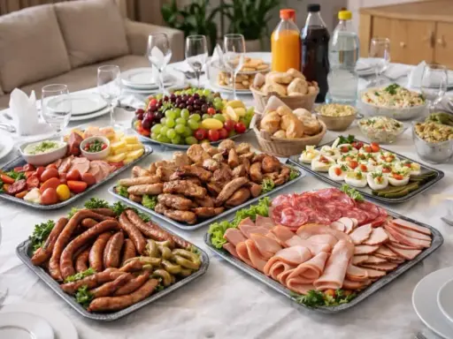 Pięknie udekorowany talerz z wędlinami, serami, owocami i innymi przekąskami to idealny pomysł na przyjęcie.
