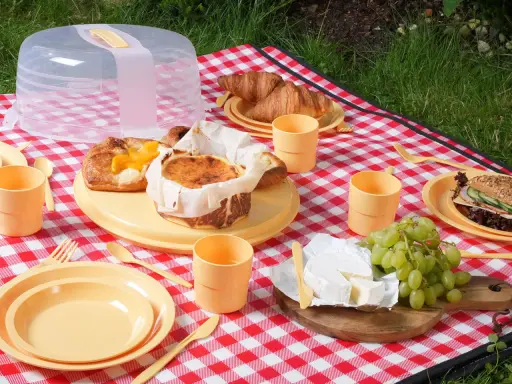 Co zabrać na piknik? Na czerwono-białej kratce leżą ciasta, croissanty, ser, winogrona i kanapka. Są też żółte talerze, kubeczki i sztućce.
