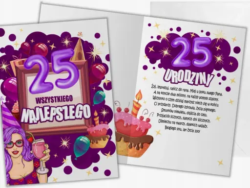 Wesołe kartki z życzeniami na 25 urodziny: fioletowe balony, tort i dziewczyna z drinkiem.