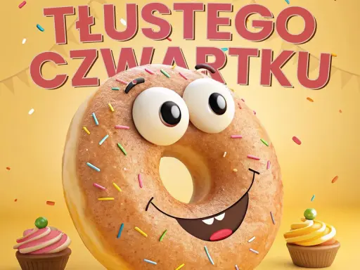 Wesołe życzenia na Tłusty Czwartek od uśmiechniętego pączka z posypką i babeczek.