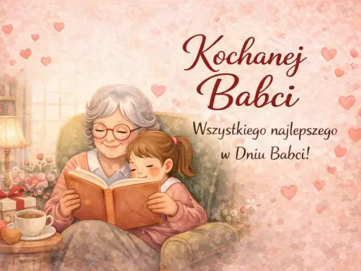 Wzruszające życzenia dla babci: uśmiechnięta babcia i wnuczka czytają książkę, otoczone serduszkami.