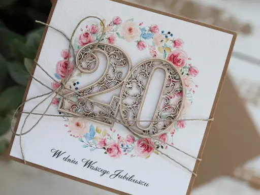 Drewniana liczba 20 na tle wianuszka z róż i napisu "W dniu Waszego Jubileuszu".