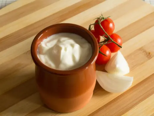 Gęsty jogurt w glinianym naczyniu, pomidorki koktajlowe i cebula. Jak zmniejszyć ostrość potrawy? Dodaj jogurtu!