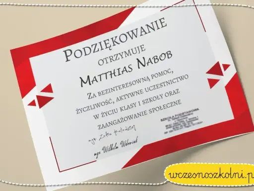Dyplom z podziękowaniem dla Matthiasa Nabob za pomoc i zaangażowanie. To piękny przykład podziękowania od szkoły.