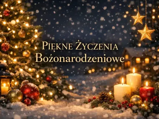 Śnieżna noc, choinka, świece i gwiazdy tworzą magiczną atmosferę. Piękne życzenia bożonarodzeniowe dla Ciebie!