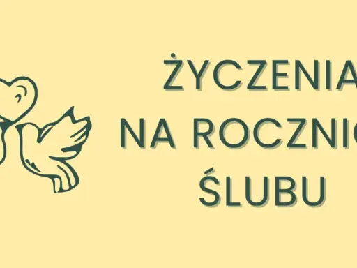 Dwa gołąbki z sercem nad głową symbolizują miłość. Tekst "Życzenia na rocznicę ślubu" zaprasza do składania krótkich życzeń.