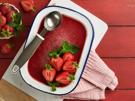 Orzeźwiający lody truskawkowe sorbet w naczyniu, ozdobione świeżymi truskawkami i miętą. Idealny na upalne dni.