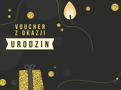 Elegancki tekst na voucher urodzinowy z błyszczącymi złotymi elementami, prezentem i płomieniem świecy.
