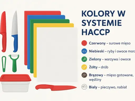 Kolory desek do krojenia w systemie HACCP: czerwona dla surowego mięsa, niebieska dla ryb, zielona dla warzyw, żółta dla drobiu, brązowa dla wędlin, biała dla pieczywa.