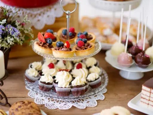 Słodkie przekąski na imprezę: babeczki, tartaletki z owocami, cake pops i ciasto.