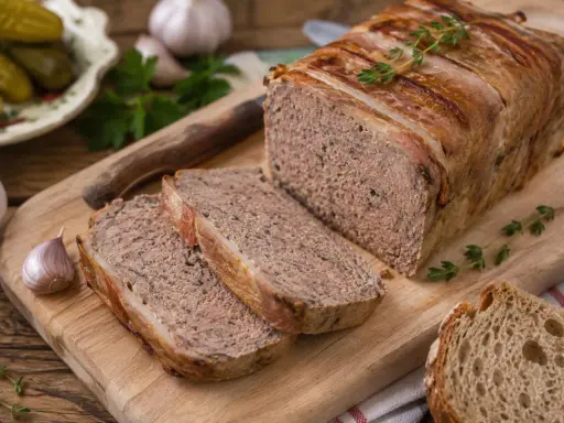 Pyszny pasztet zawinięty w boczek, pokrojony na desce z chlebem i ogórkami. Idealny do wypróbowania tego przepisu!
