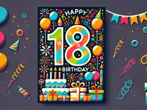 Kolorowa grafika z cyfrą 18 i napisem "Happy Birthday", otoczona balonami, prezentami i konfetti. To piękne życzenia na 18 urodziny od dziadków.