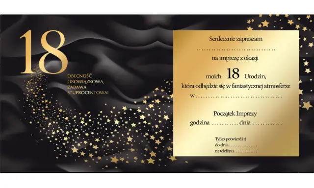 Eleganckie zaproszenie na 18 urodziny z motywem złotych gwiazd. Dowiedz się, jak napisać zaproszenie na 18 urodziny, by było wyjątkowe!