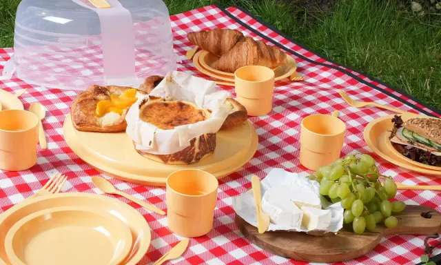 Co zabrać na piknik? Na czerwono-białej kratce leżą ciasta, croissanty, ser, winogrona i kanapka. Są też żółte talerze, kubeczki i sztućce.