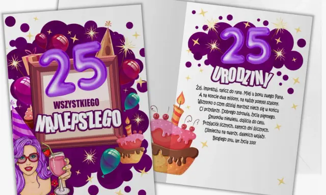 Wesołe kartki z życzeniami na 25 urodziny: fioletowe balony, tort i dziewczyna z drinkiem.