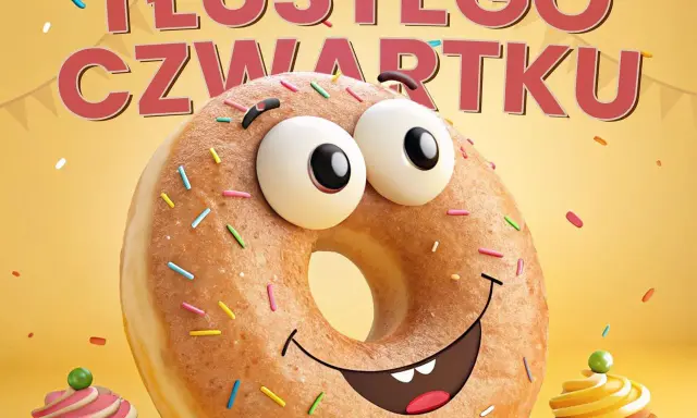 Wesołe życzenia na Tłusty Czwartek od uśmiechniętego pączka z posypką i babeczek.
