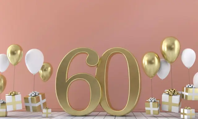 Złota liczba 60, balony i prezenty. Idealne życzenia na 60 urodziny!