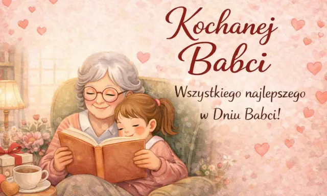 Wzruszające życzenia dla babci: uśmiechnięta babcia i wnuczka czytają książkę, otoczone serduszkami.