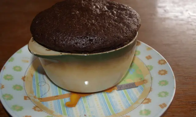 Puszyste ciasto czekoladowe z mikrofali w kubku, na talerzyku z motywem misia.