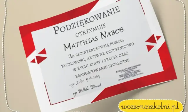 Dyplom z podziękowaniem dla Matthiasa Nabob za pomoc i zaangażowanie. To piękny przykład podziękowania od szkoły.