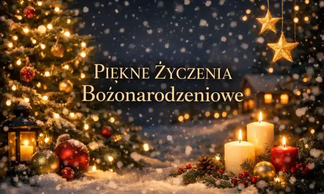 Śnieżna noc, choinka, świece i gwiazdy tworzą magiczną atmosferę. Piękne życzenia bożonarodzeniowe dla Ciebie!