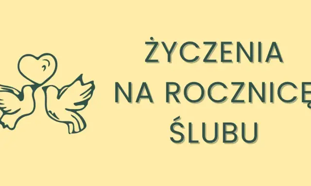 Dwa gołąbki z sercem nad głową symbolizują miłość. Tekst "Życzenia na rocznicę ślubu" zaprasza do składania krótkich życzeń.