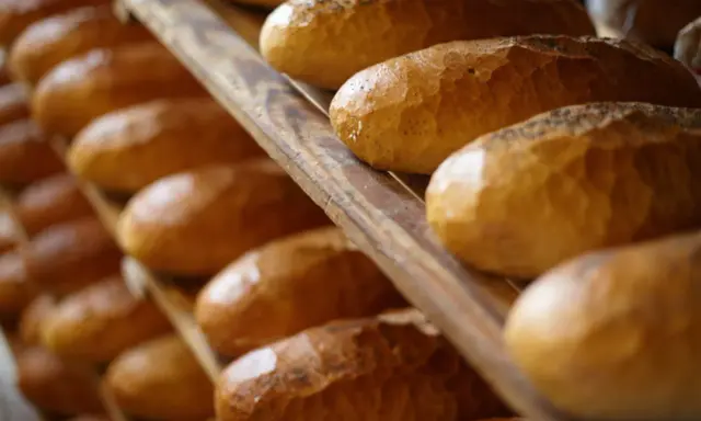 Rzędy czerstwego chleba na drewnianych półkach. Niektóre bochenki posypane są makiem.