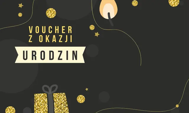 Elegancki tekst na voucher urodzinowy z błyszczącymi złotymi elementami, prezentem i płomieniem świecy.