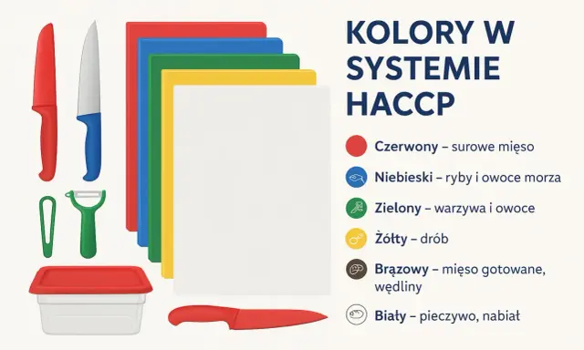 Kolory desek do krojenia w systemie HACCP: czerwona dla surowego mięsa, niebieska dla ryb, zielona dla warzyw, żółta dla drobiu, brązowa dla wędlin, biała dla pieczywa.