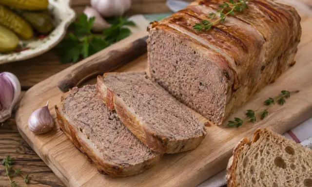 Pyszny pasztet zawinięty w boczek, pokrojony na desce z chlebem i ogórkami. Idealny do wypróbowania tego przepisu!