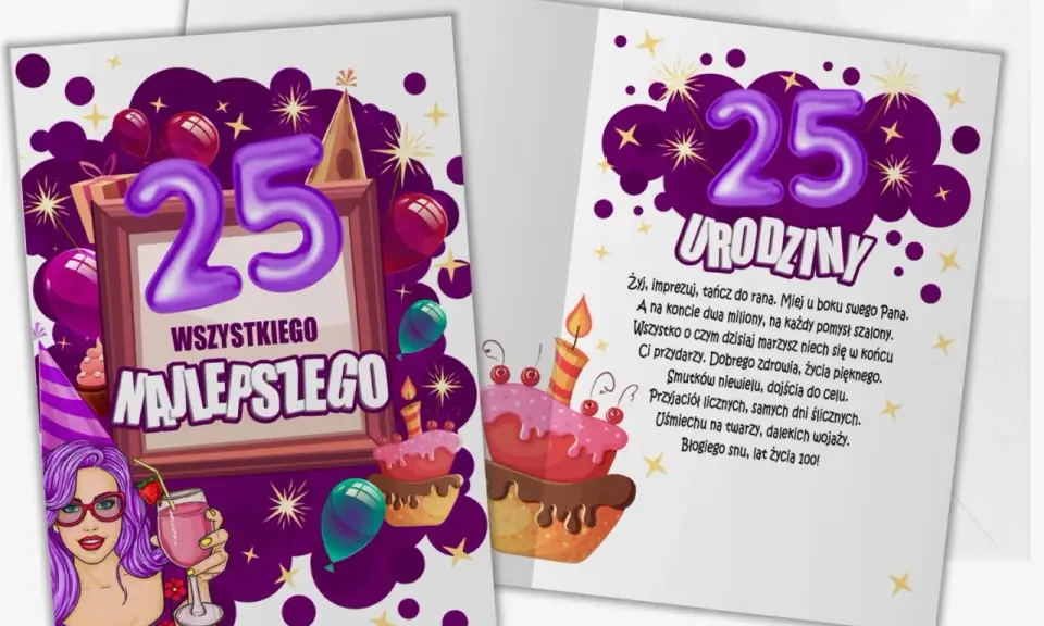 Wesołe kartki z życzeniami na 25 urodziny: fioletowe balony, tort i dziewczyna z drinkiem.