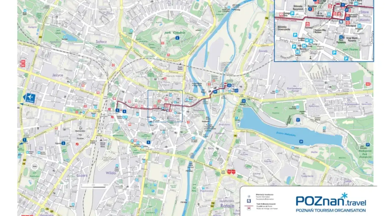 Mapa Poznania z zaznaczonymi szlakami turystycznymi i atrakcjami. Odkryj fajne miejsca w Poznaniu!