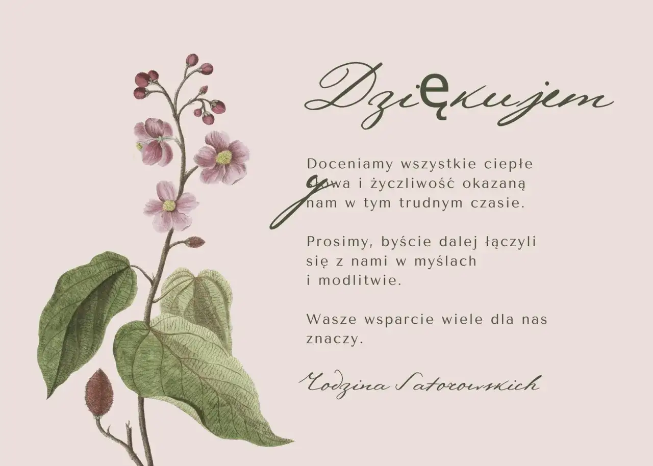Ilustracja z kwiatami i liśćmi. Tekst: 