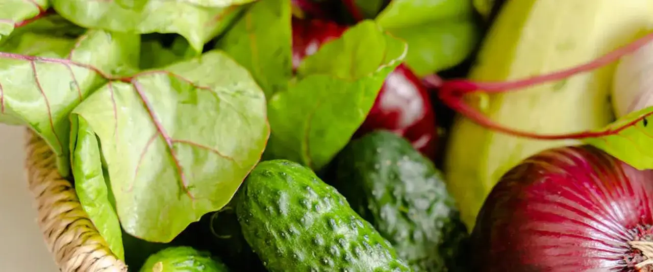 Koszyk pełen świeżych warzyw: ogórki, buraki, cebula i liście. Idealne składniki do przygotowania zdrowego posiłku w stylu slow food.