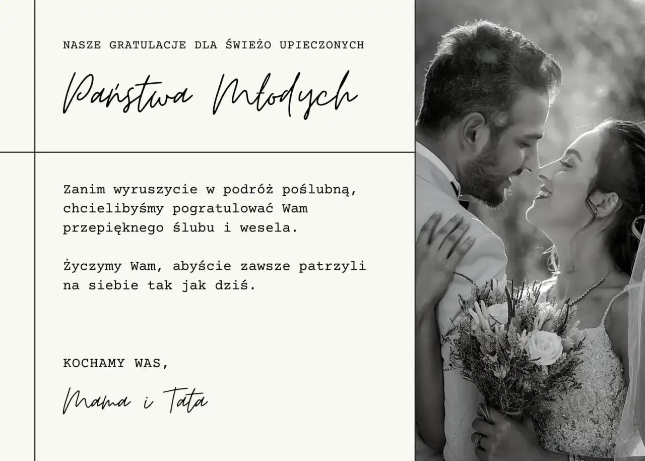 Mądre życzenia ślubne od rodzic&oacute;w dla Pary Młodej. Kochający rodzice życzą wiecznej miłości i patrzenia na siebie z taką samą czułością jak dziś.