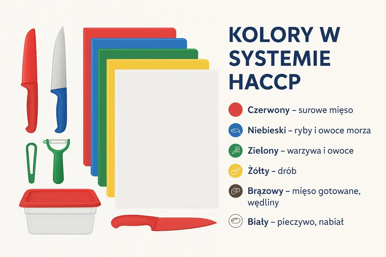 Kolory desek do krojenia w systemie HACCP: czerwona dla mięsa, niebieska dla ryb, zielona dla warzyw, żółta dla drobiu, brązowa dla wędlin, biała dla pieczywa.